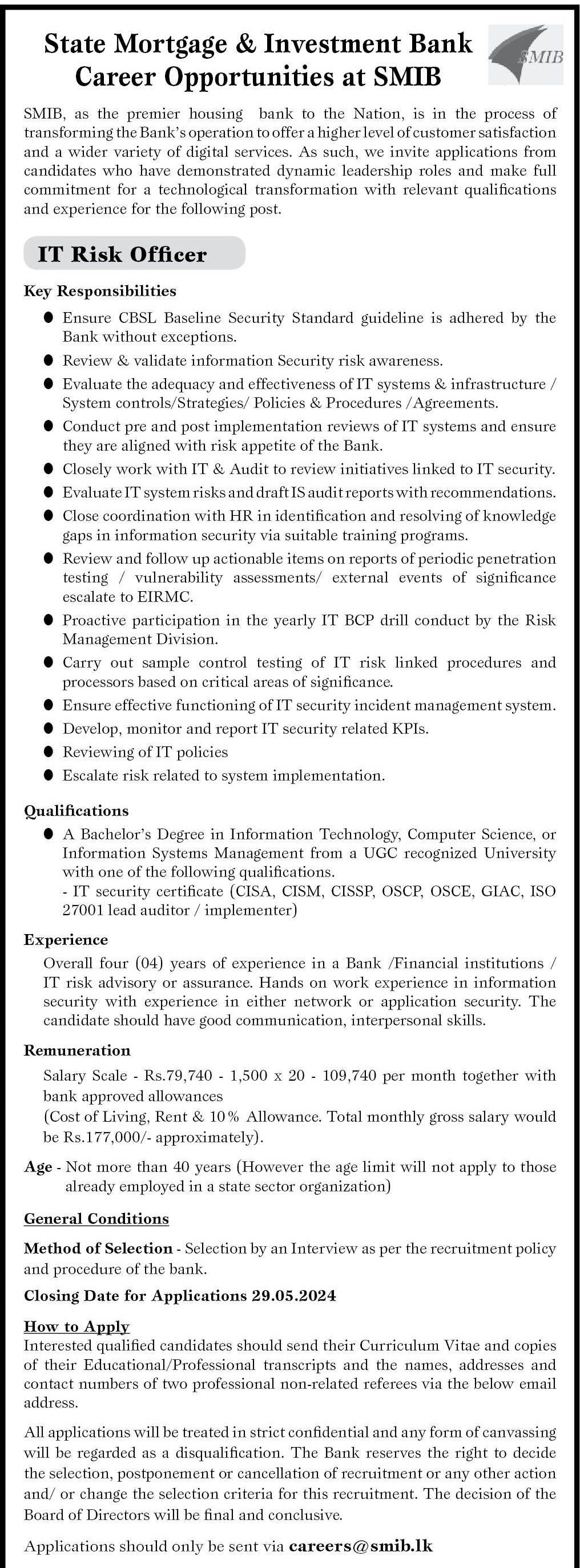 IT Risk Officer - State Mortgage & Investment Bank