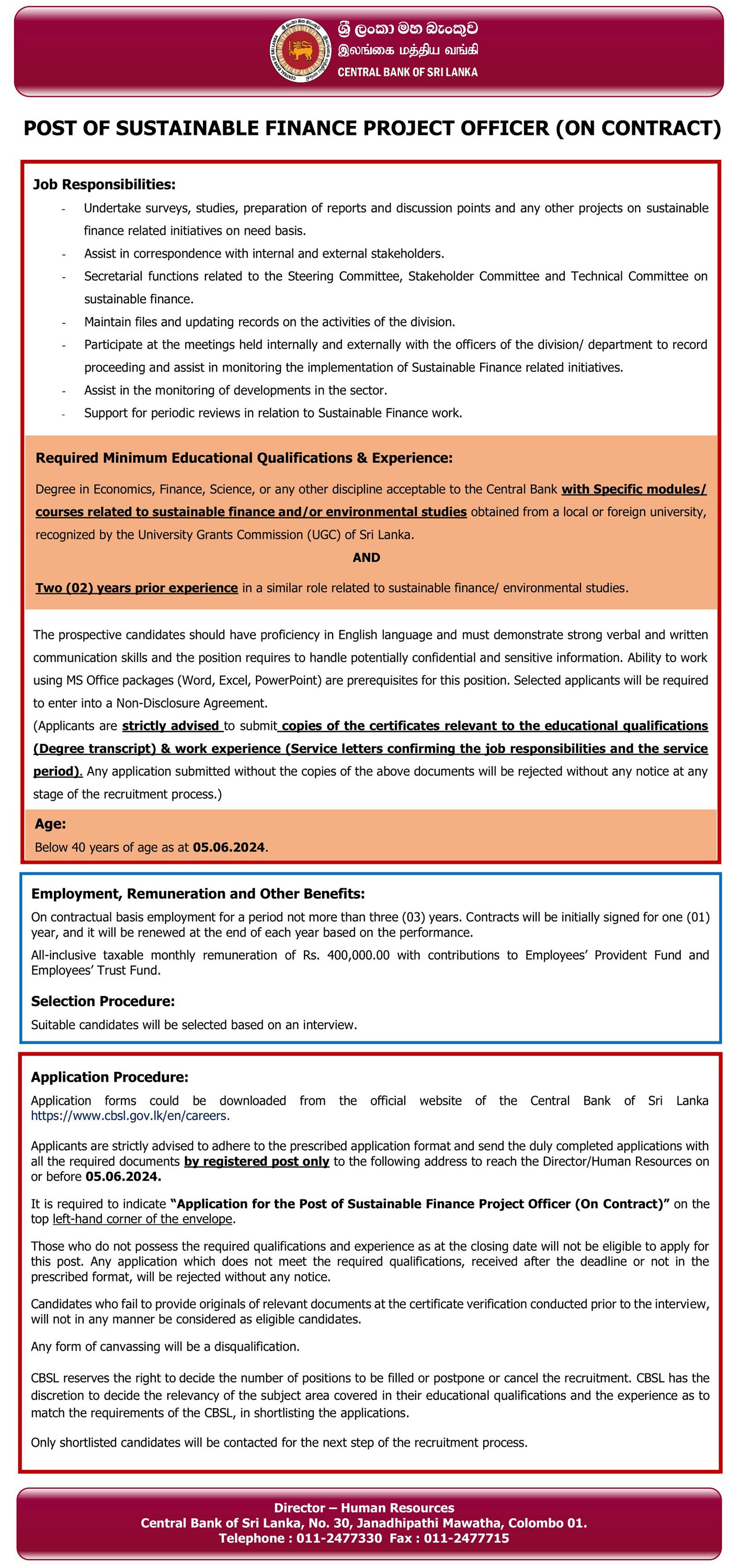Sustainable Finance Project Officer - Central Bank of Sri Lanka