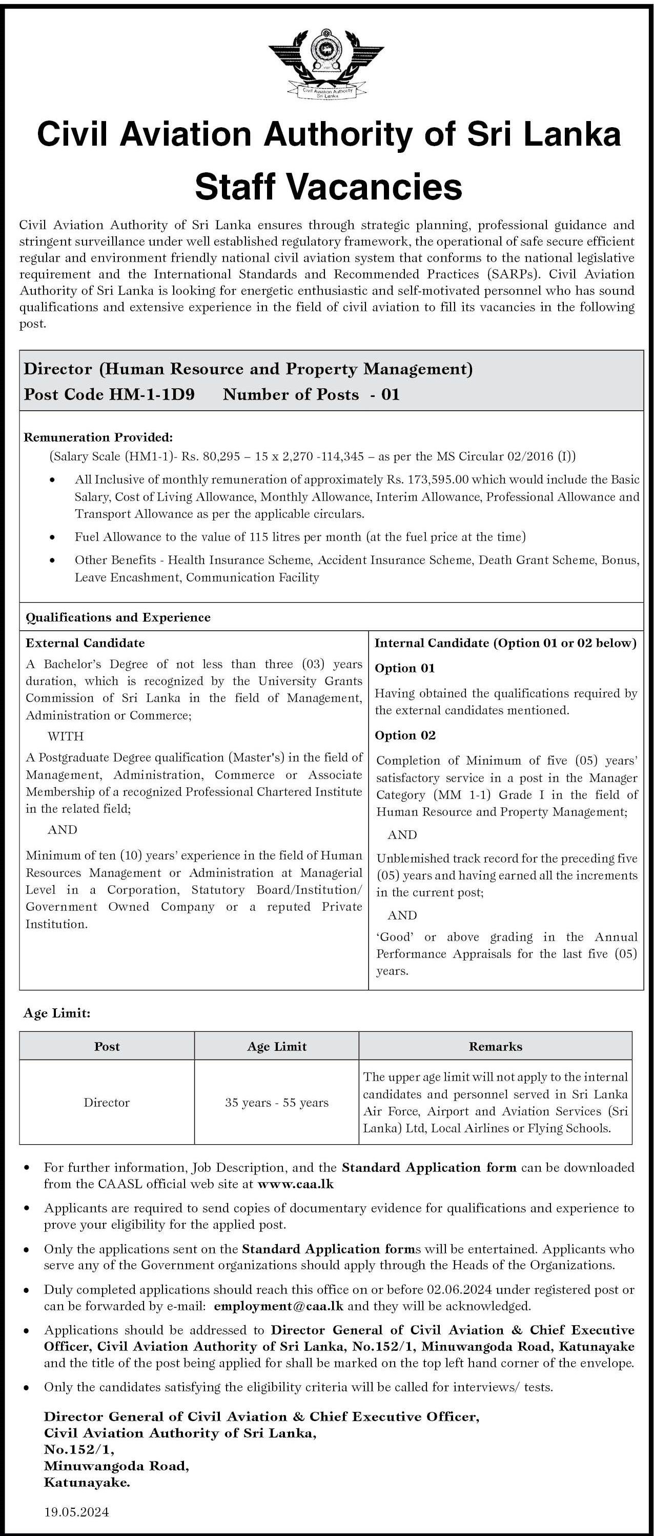 Director (Human Resource & Property Management) - Civil Aviation Authority of Sri Lanka