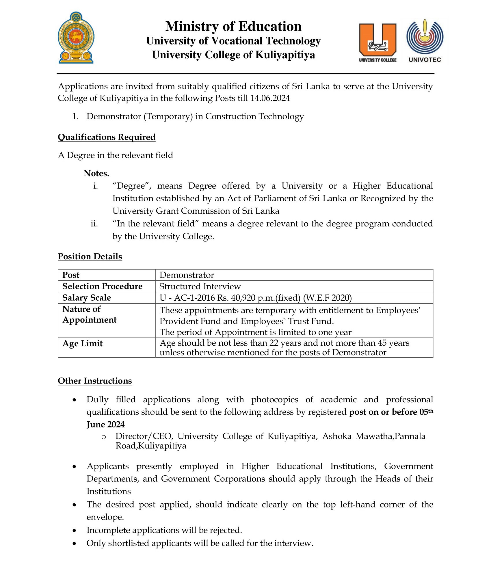Demonstrator - University College of Kuliyapitiya - University of Vocational Technology