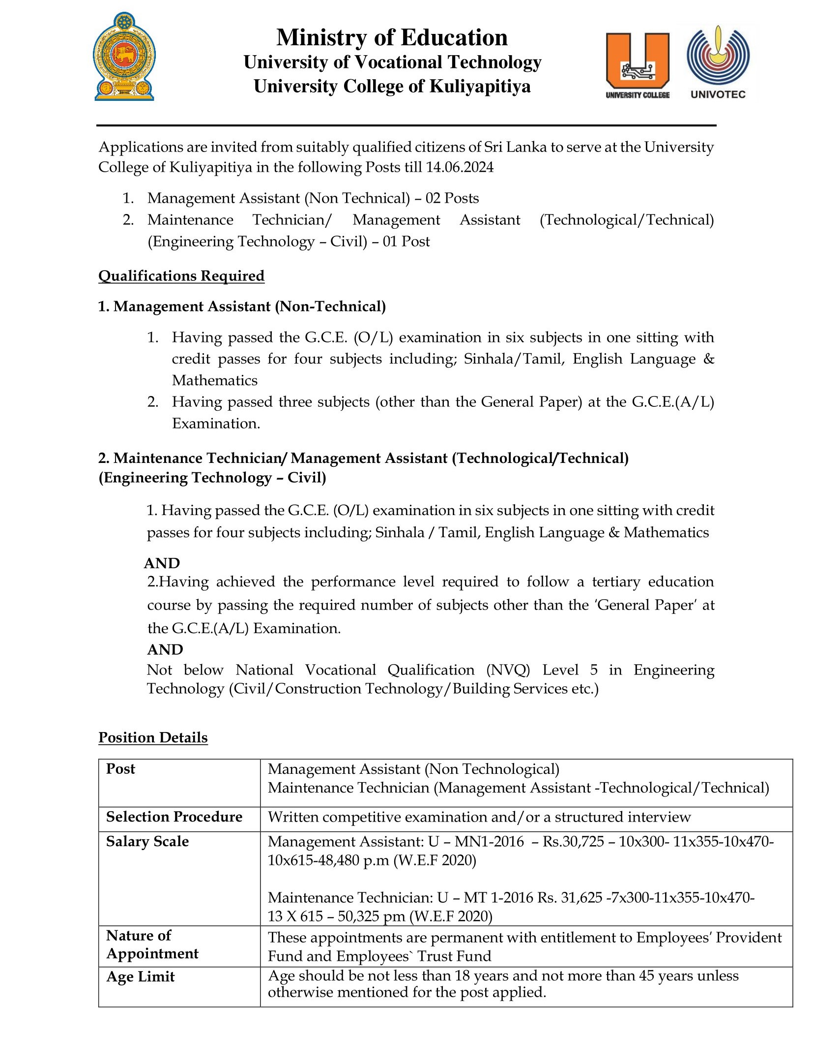 Management Assistant, Maintenance Technician - University College of Kuliyapitiya - University of Vocational Technology