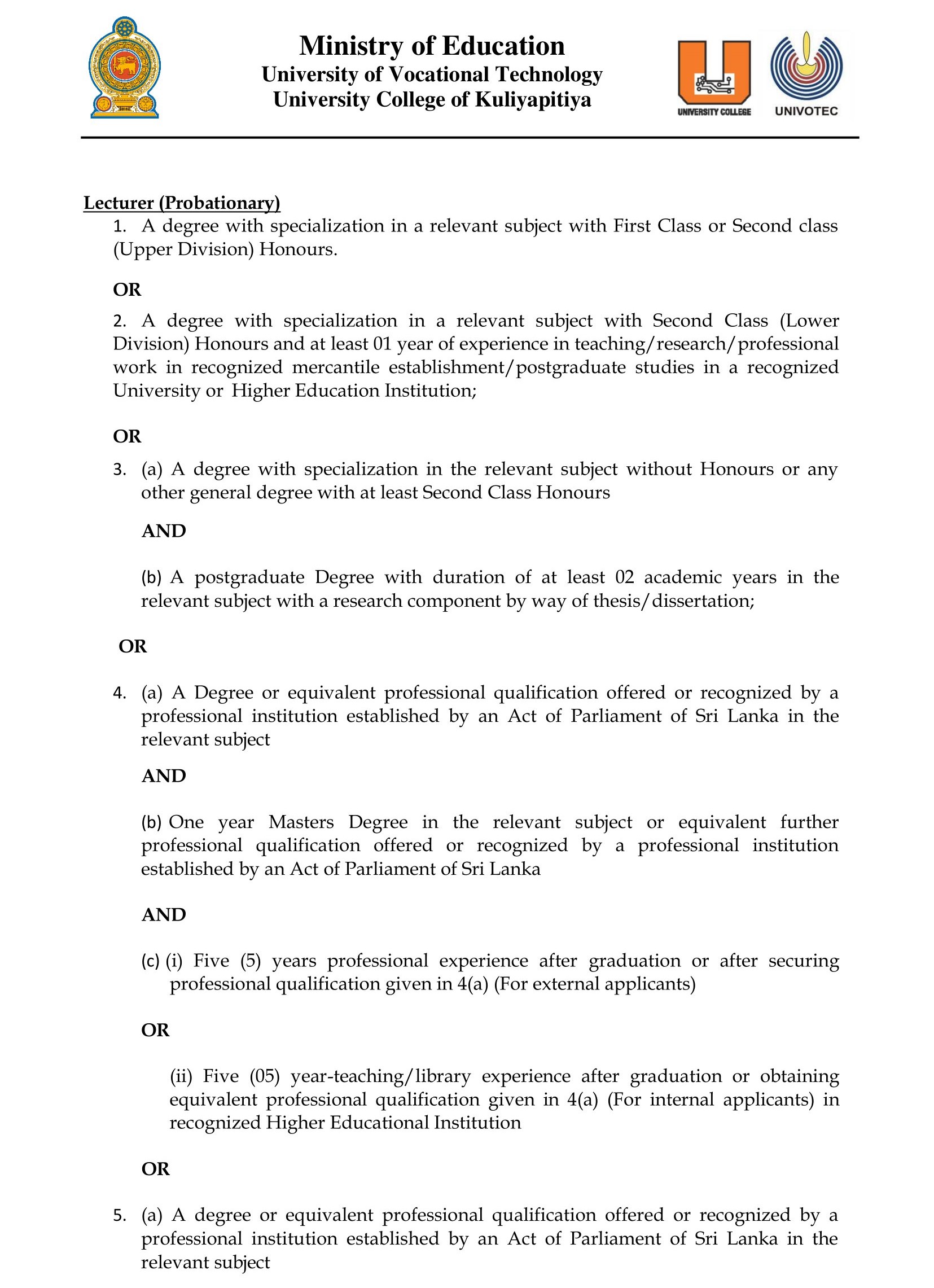 Lecturer, Senior Lecturer, Instructor - University College of Kuliyapitiya - University of Vocational Technology