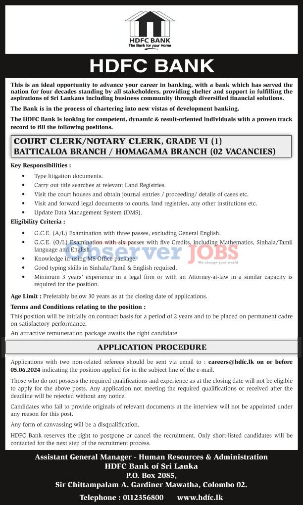 Court Clerk/Notary Clerk - HDFC Bank