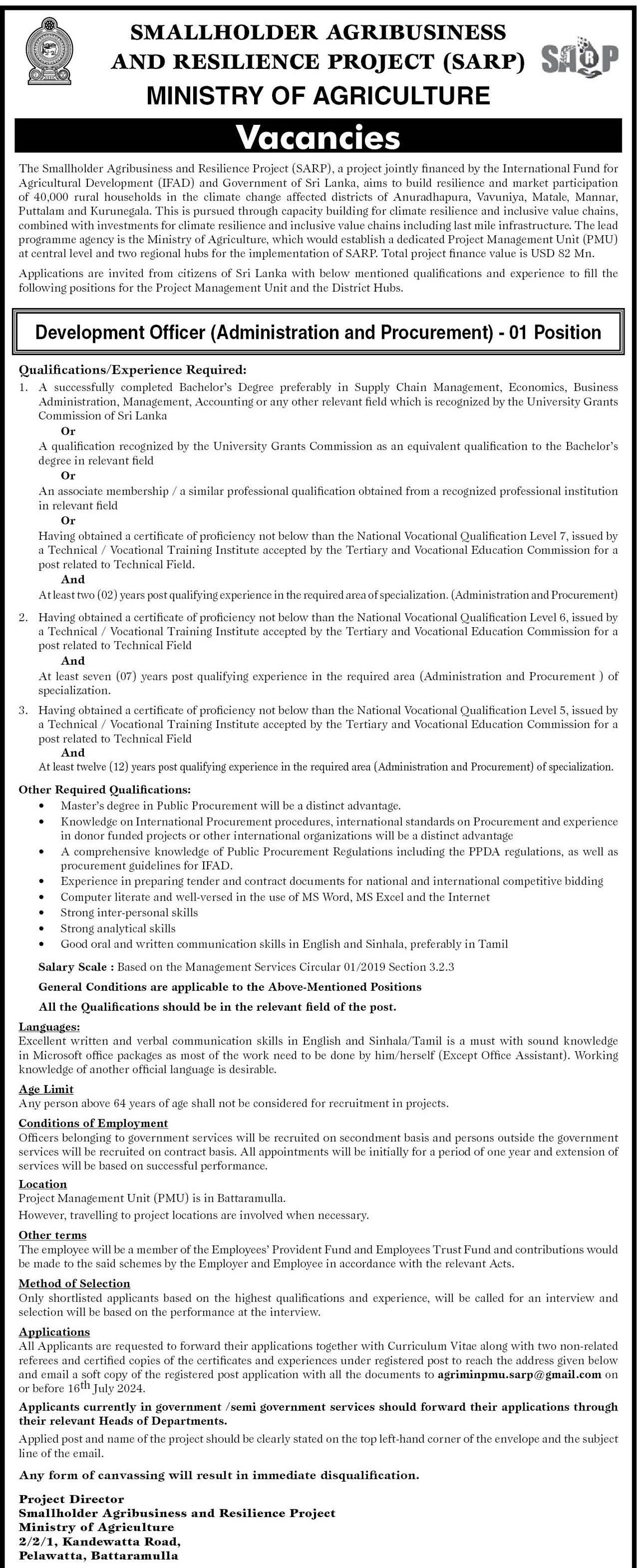 Development Officer (Administration & Procurement) - Smallholder Agribusiness & Resilience Project - Ministry of Agriculture