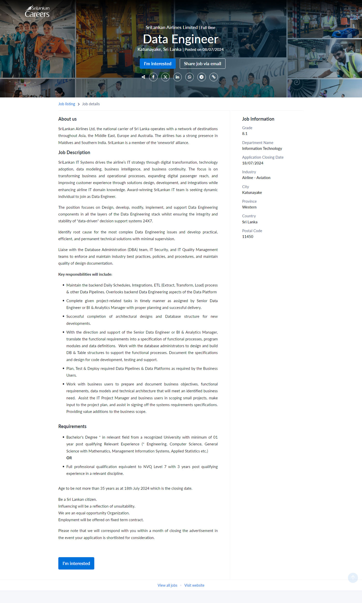 Data Engineer - SriLankan Airlines Limited