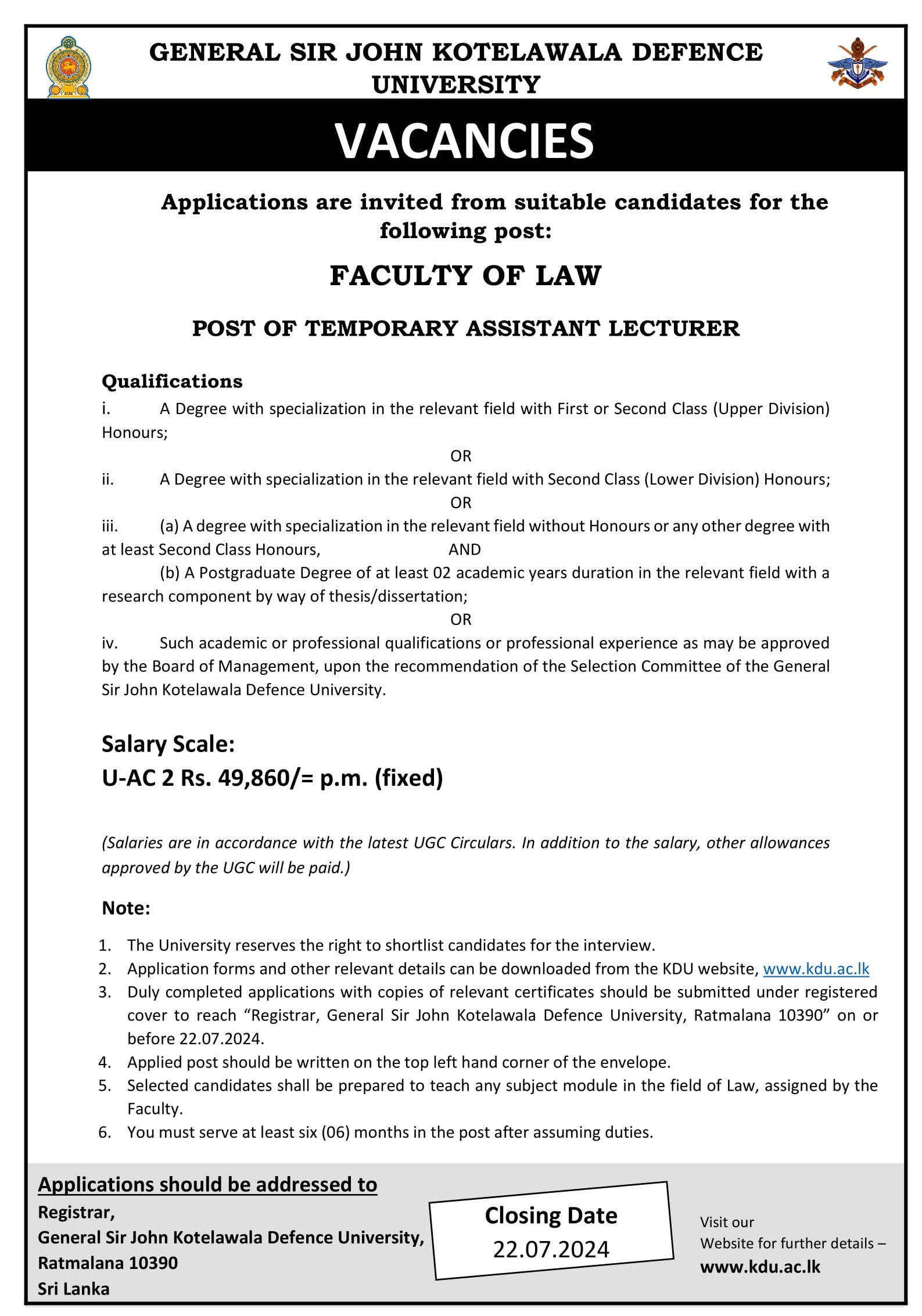Temporary Assistant Lecturer - General Sir John Kotelawala Defence University