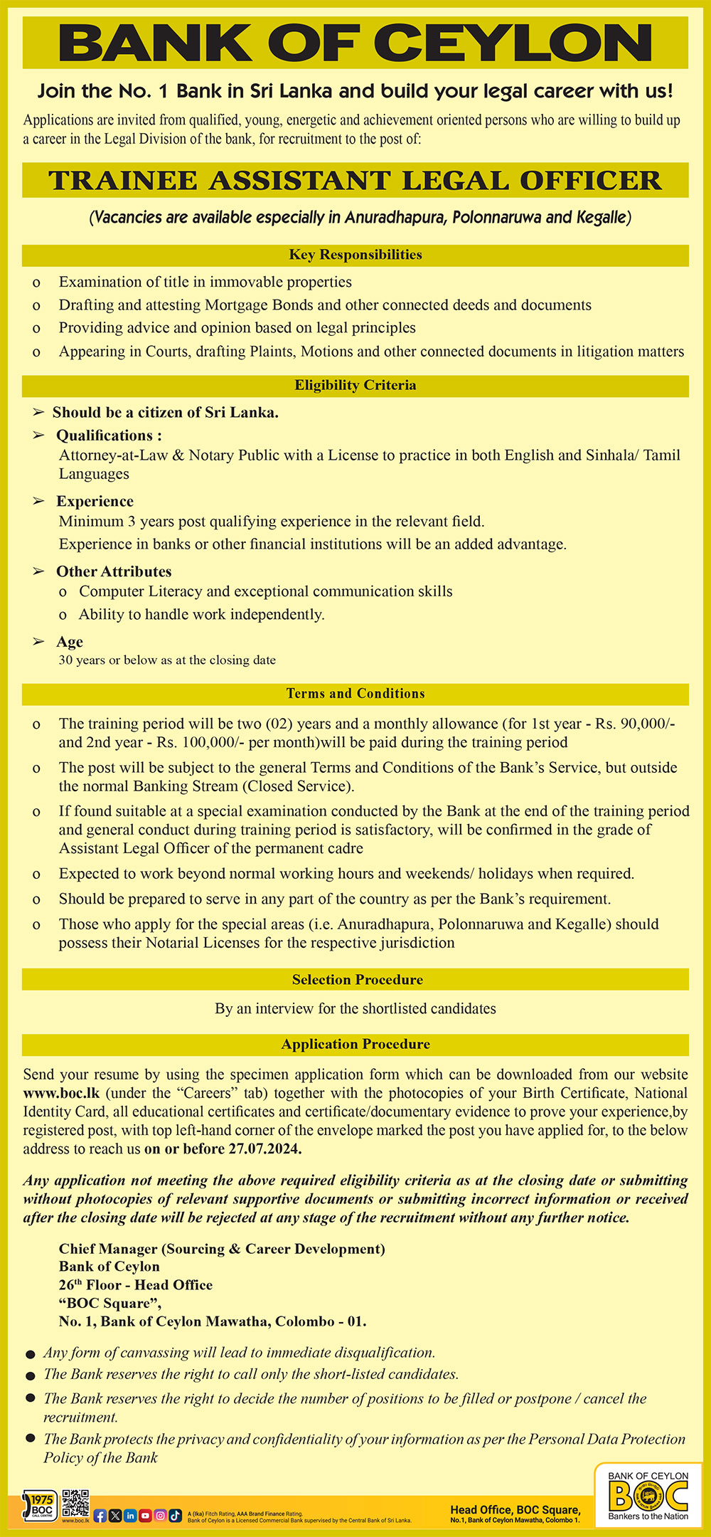 Trainee Assistant Legal Officer - Bank of Ceylon