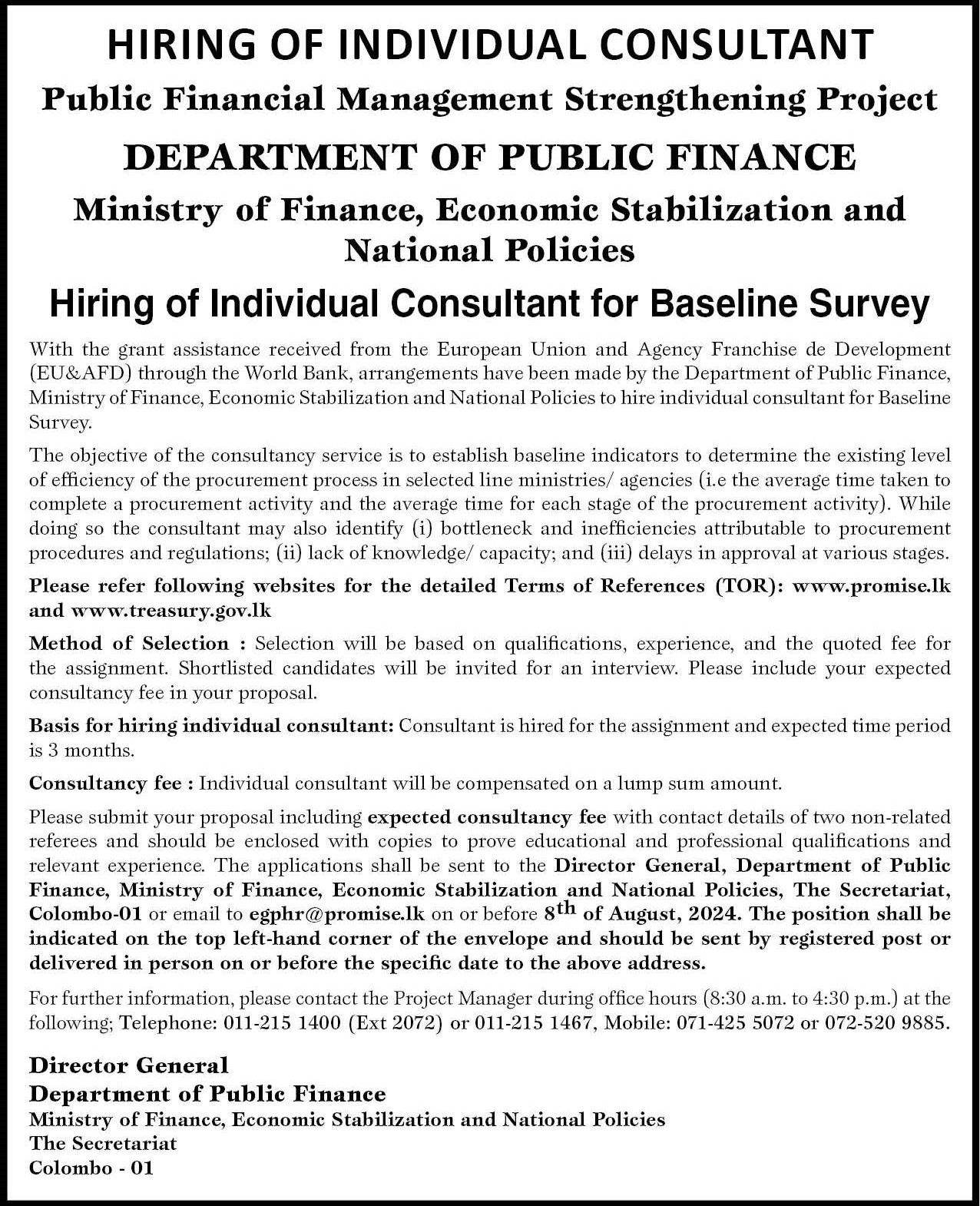 Individual Consultant - Department of Public Finance