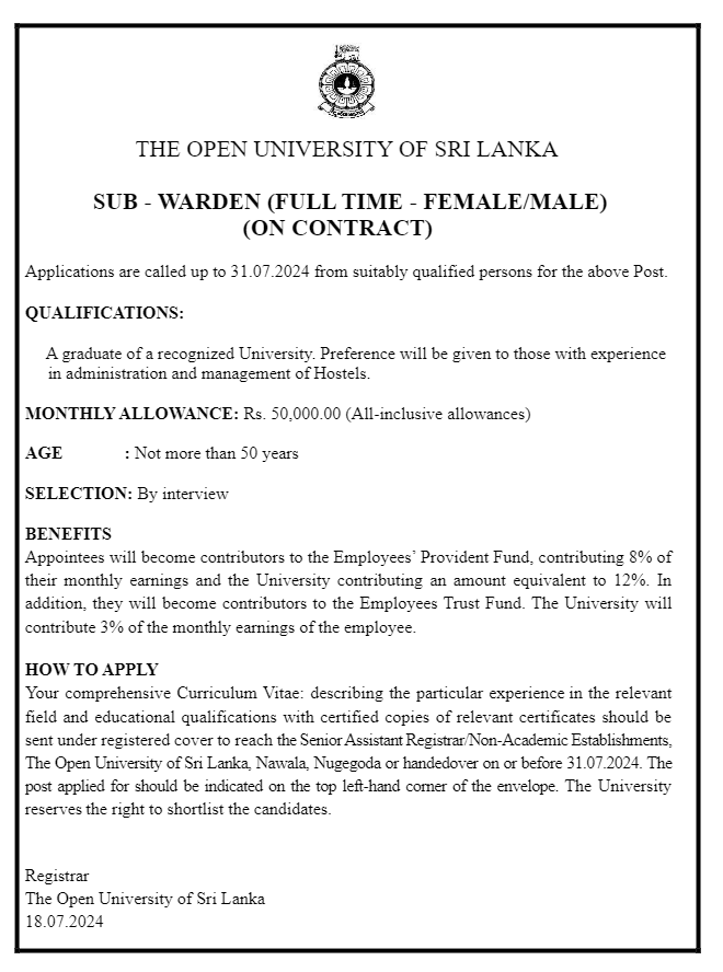 Sub Warden - The Open University of Sri Lanka  