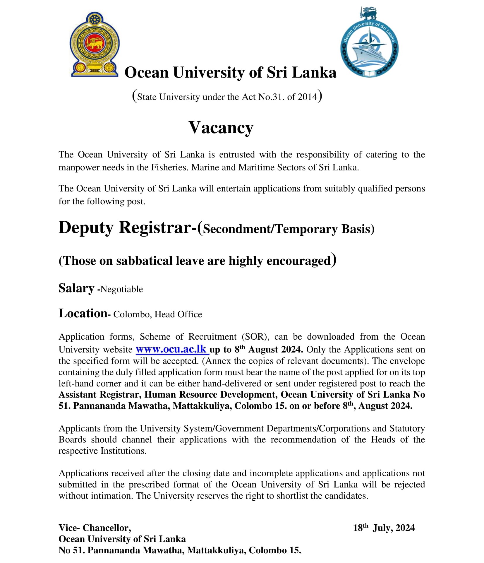 Deputy Registrar - Ocean University of Sri Lanka