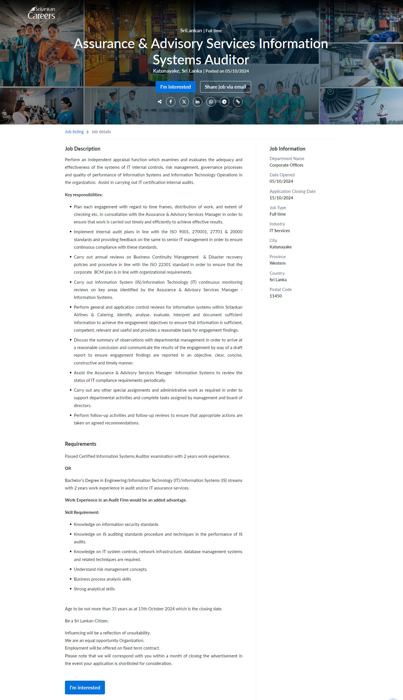 Assurance & Advisory Services Information Systems Auditor, Assurance & Advisory Services Specialist - SriLankan Airlines Limited
