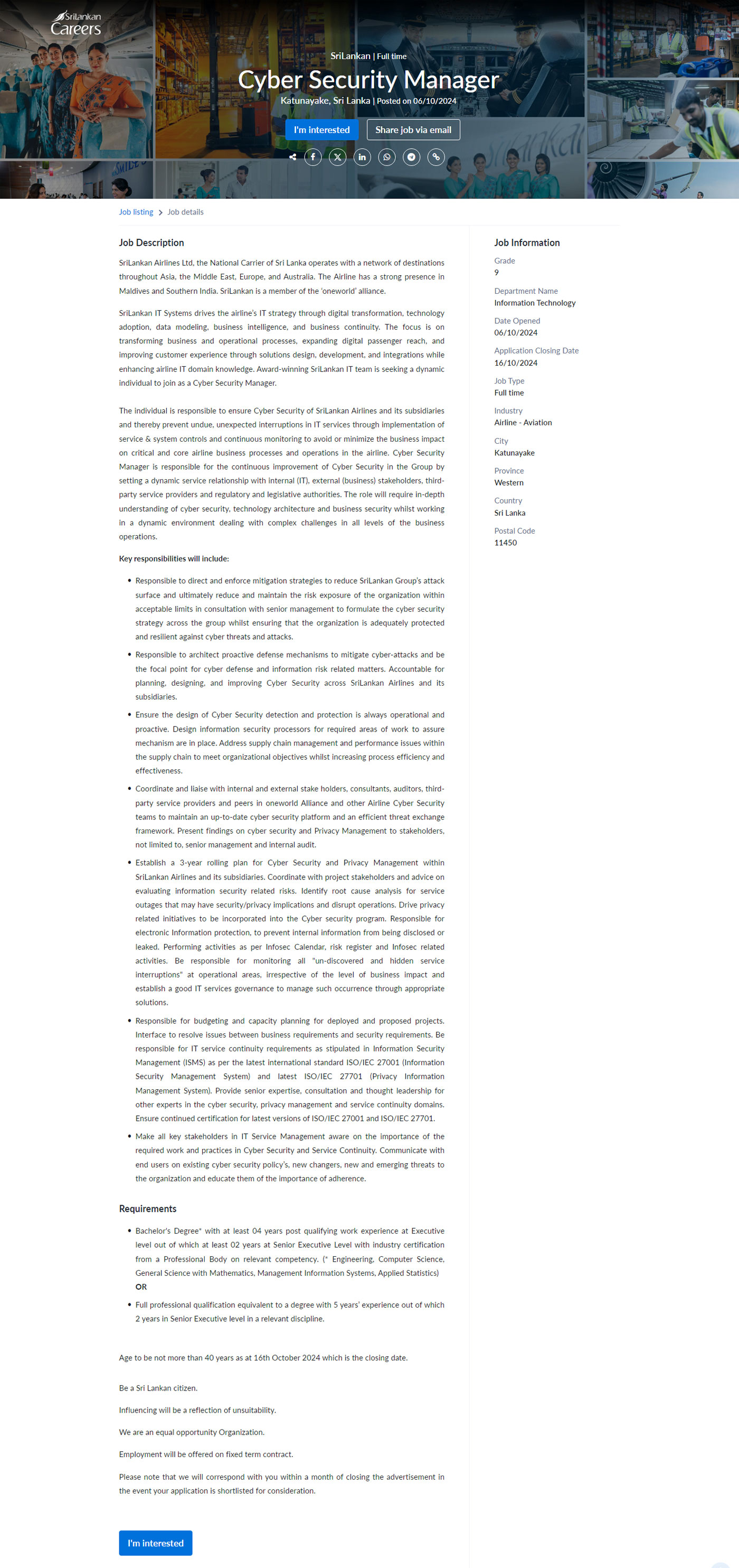 Cyber Security Manager - SriLankan Airlines Limited