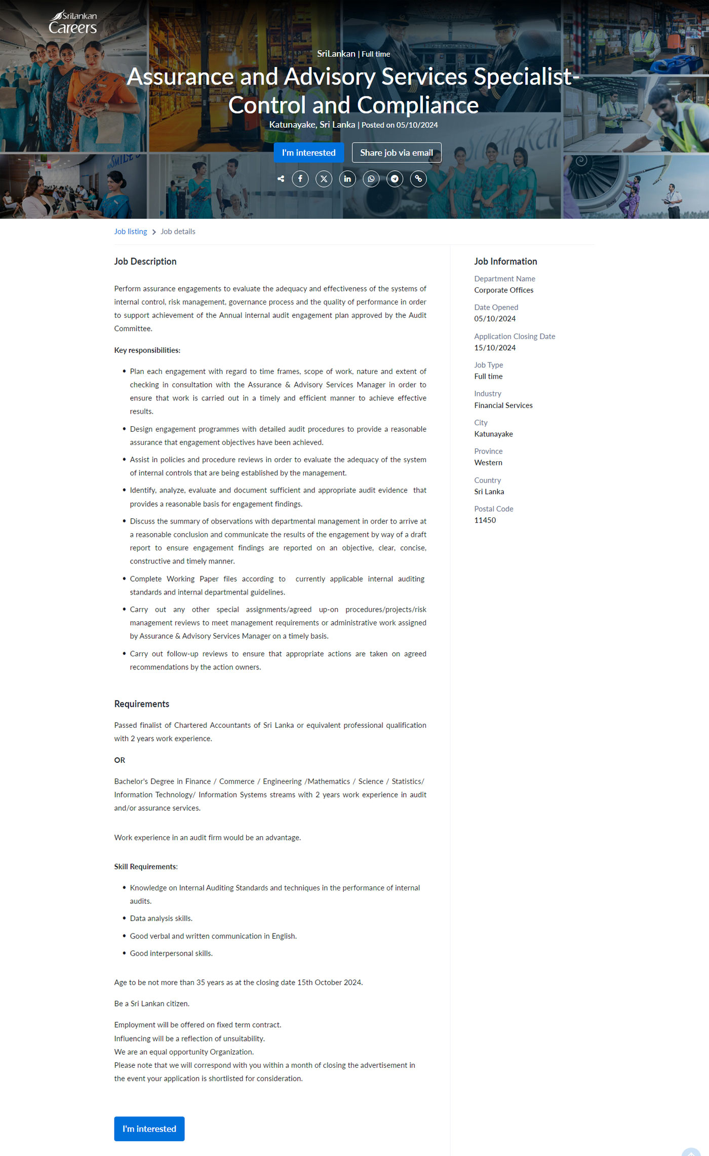 Assurance & Advisory Services Information Systems Auditor, Assurance & Advisory Services Specialist - SriLankan Airlines Limited