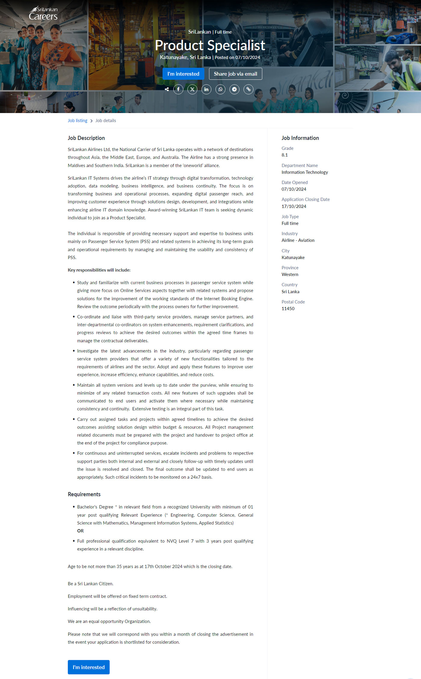 Product Specialist, Business Systems Analyst - SriLankan Airlines Limited