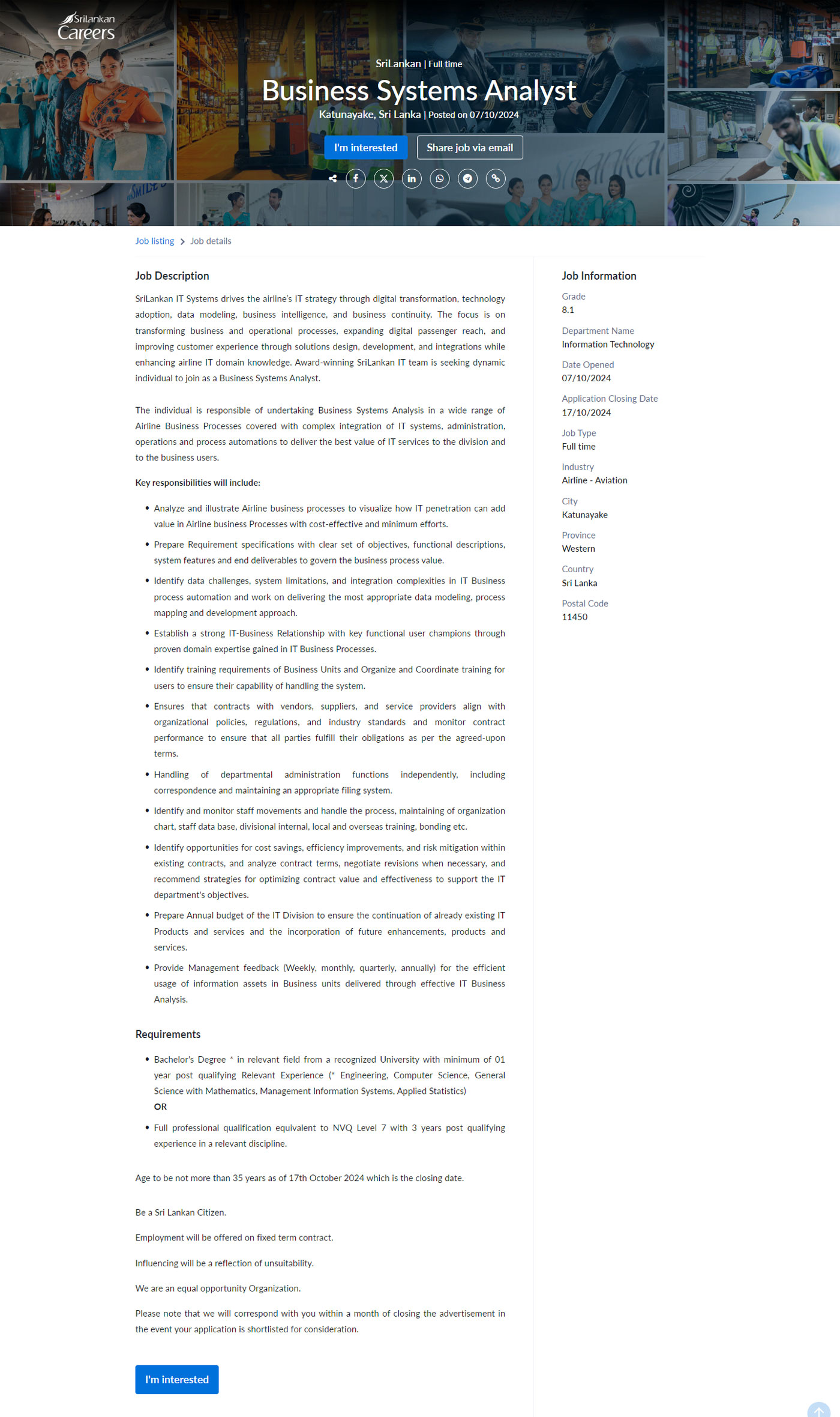 Product Specialist, Business Systems Analyst - SriLankan Airlines Limited