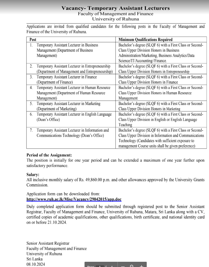 Temporary Assistant Lecturer - University of Ruhuna