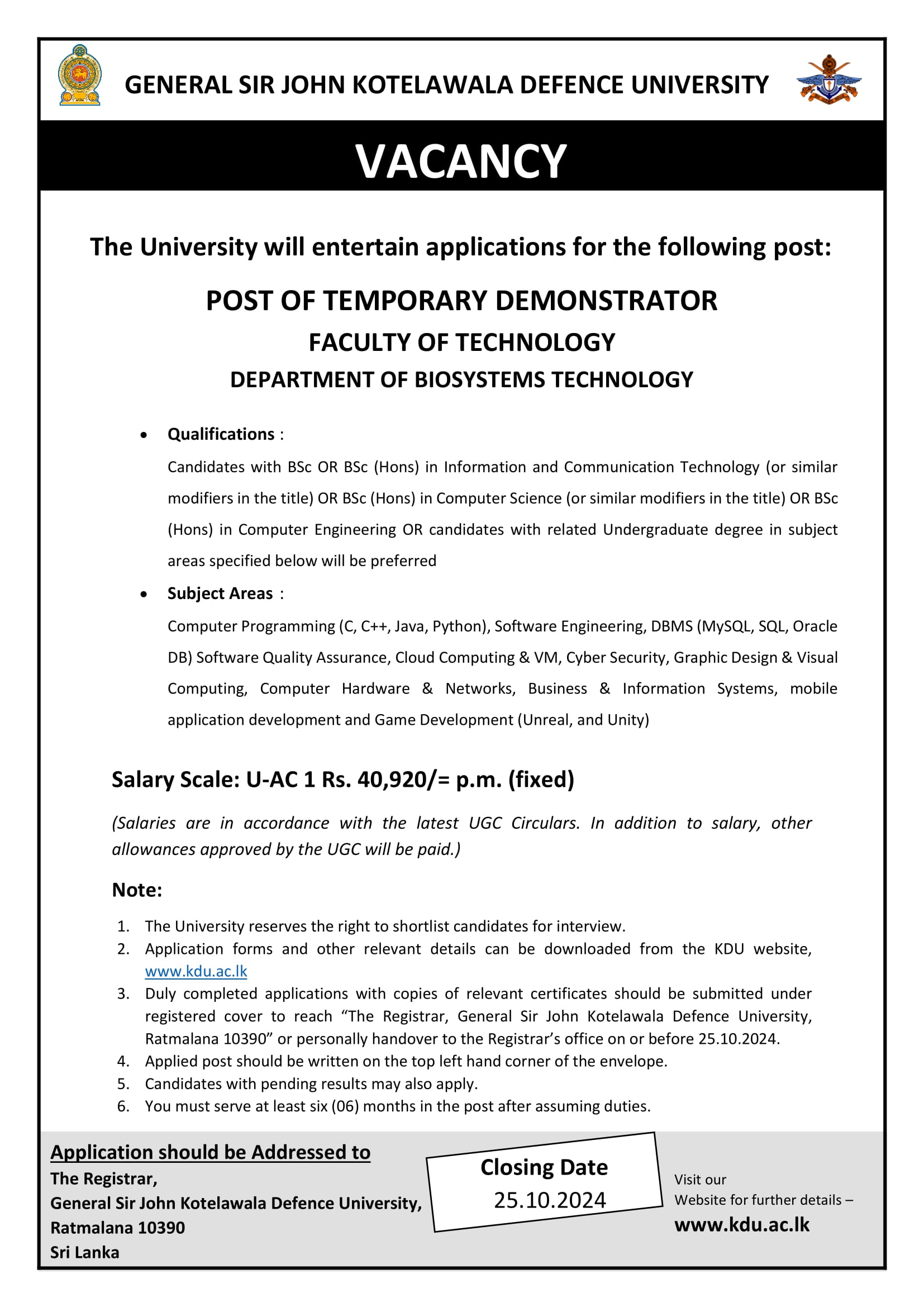 Temporary Demonstrator - General Sir John Kotelawala Defence University