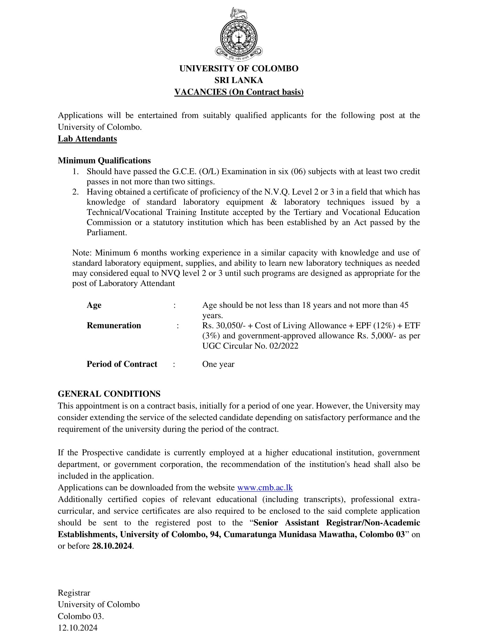 Lab Attendant - University of Colombo