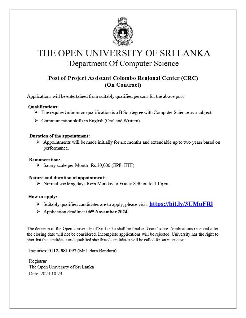 Temporary Lecturer, Project Assistant - The Open University of Sri Lanka
