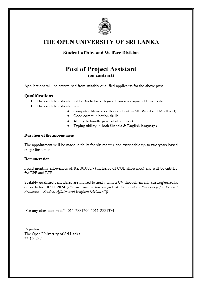 Project Assistant - The Open University of Sri Lanka