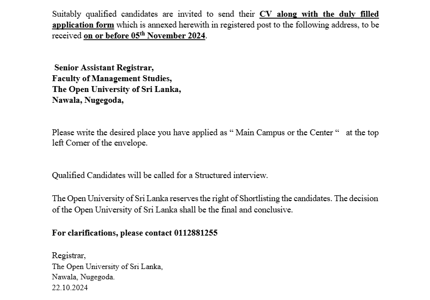 Academic Coordinator, Operation Assistant - The Open University of Sri Lanka  