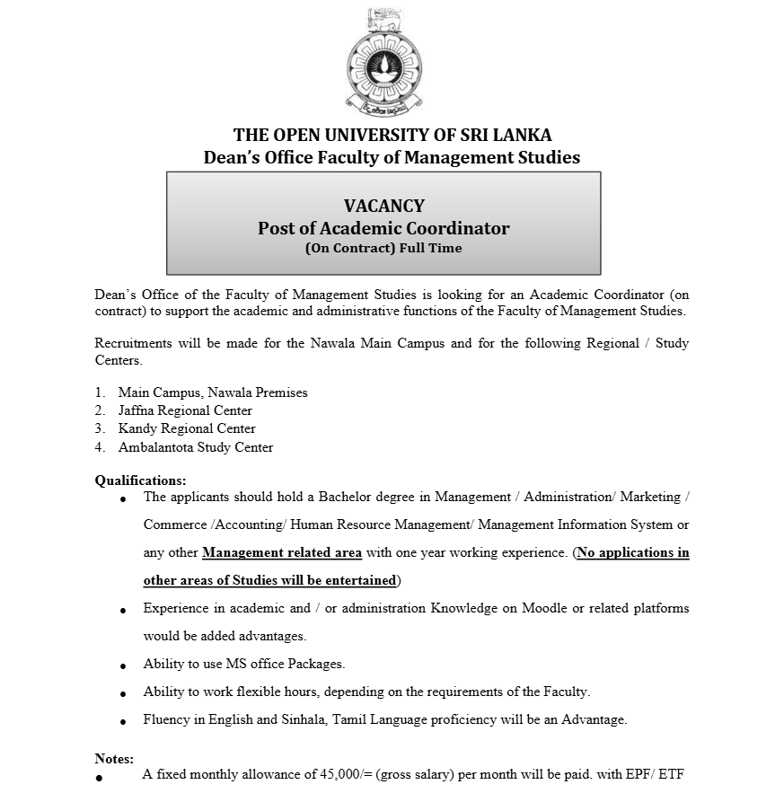Academic Coordinator, Operation Assistant - The Open University of Sri Lanka  