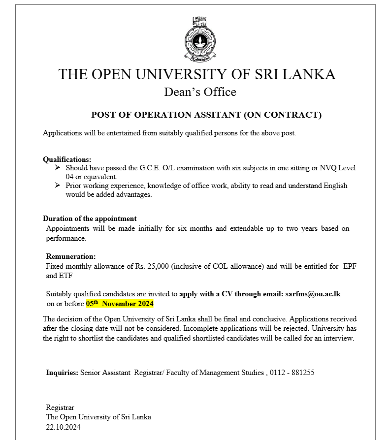 Academic Coordinator, Operation Assistant - The Open University of Sri Lanka  