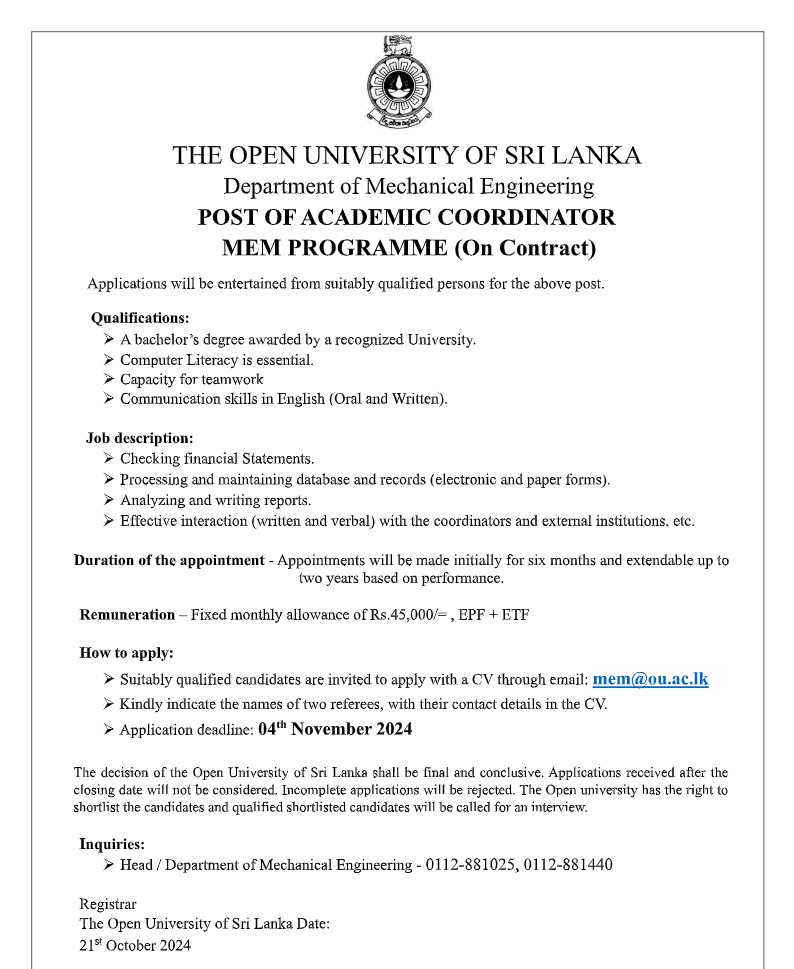 Academic Coordinator - The Open University of Sri Lanka  