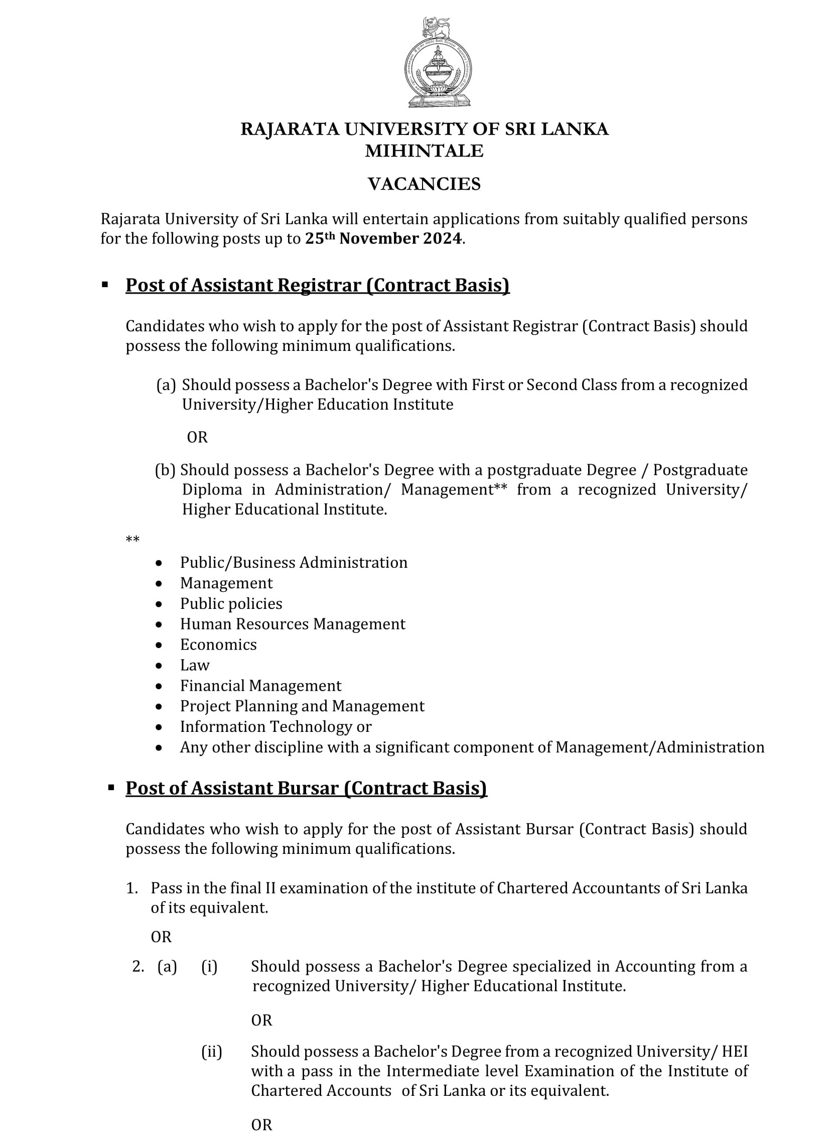 Assistant Registrar - Rajarata University of Sri Lanka