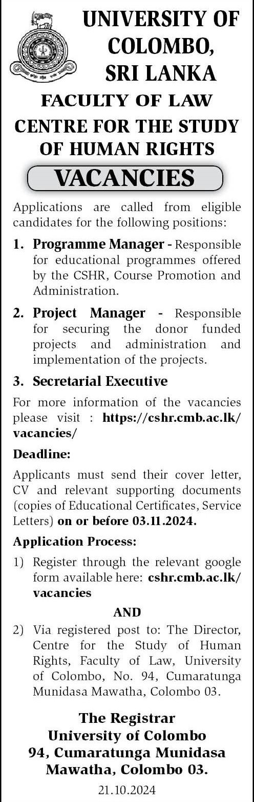 Programme Manager, Project Manager, Secretarial Executive - Faculty of Law - University of Colombo