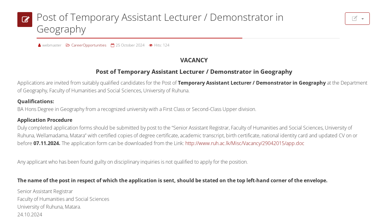 Temporary Assistant Lecturer, Demonstrator - University of Ruhuna