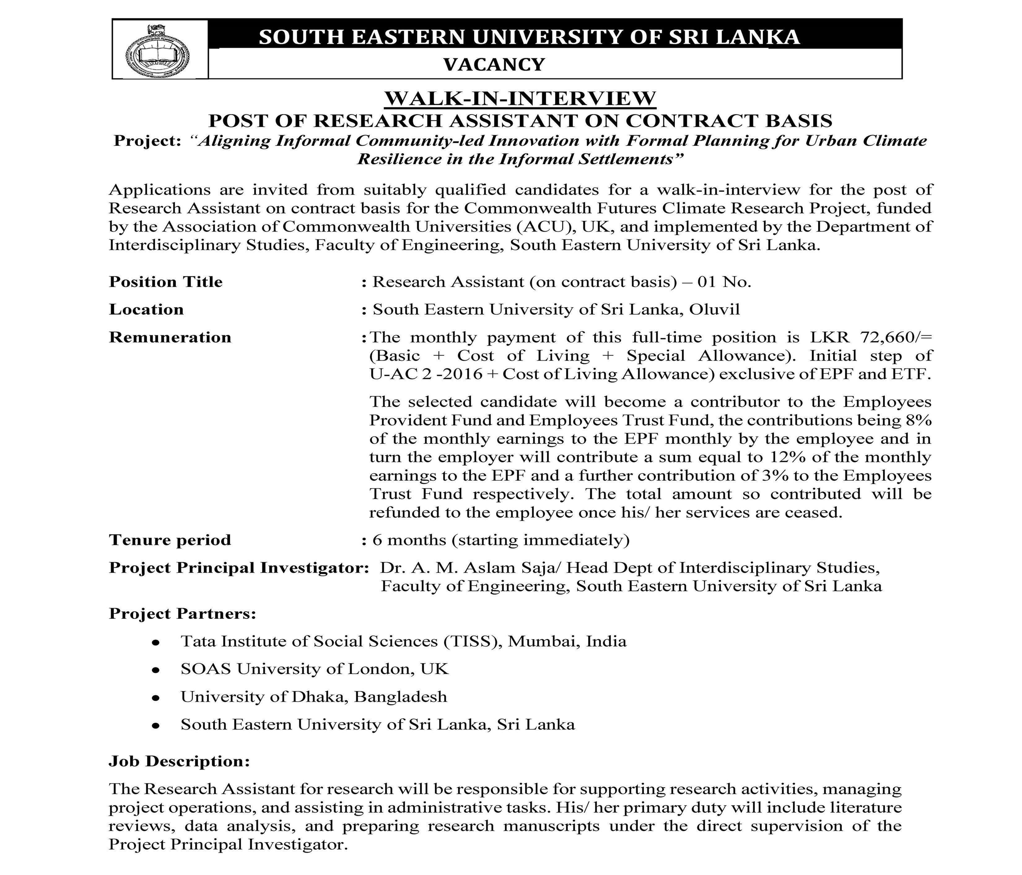 Research Assistant - South Eastern University of Sri Lanka