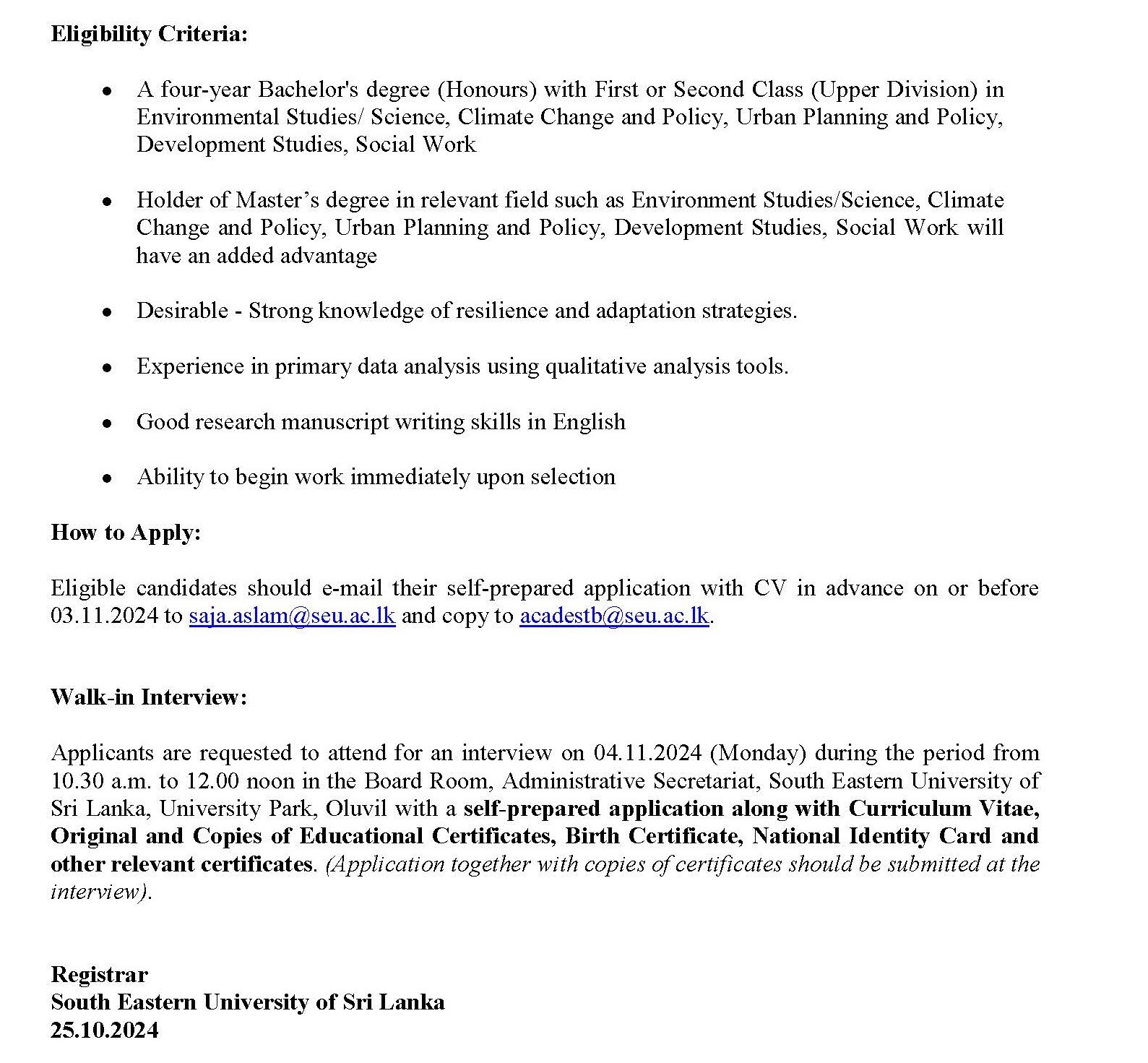 Research Assistant - South Eastern University of Sri Lanka
