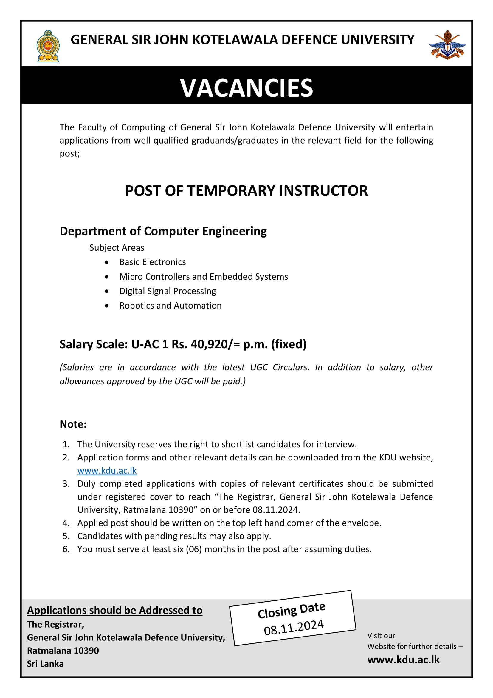 Temporary Instructor - General Sri John Kotelawala Defence University
