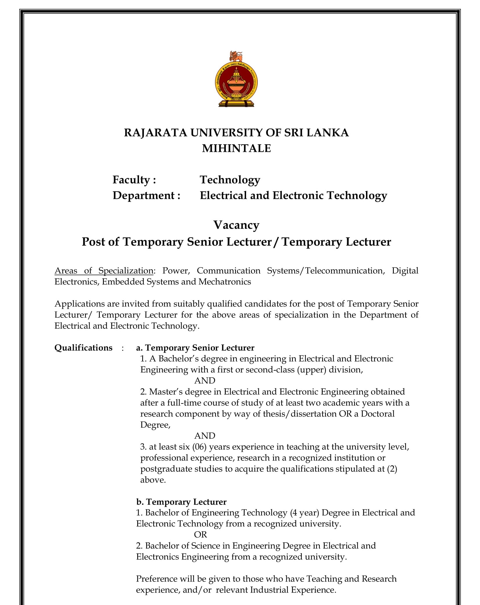 Temporary Senior Lecturer, Temporary Lecturer - Rajarata University of Sri Lanka Mihintale
