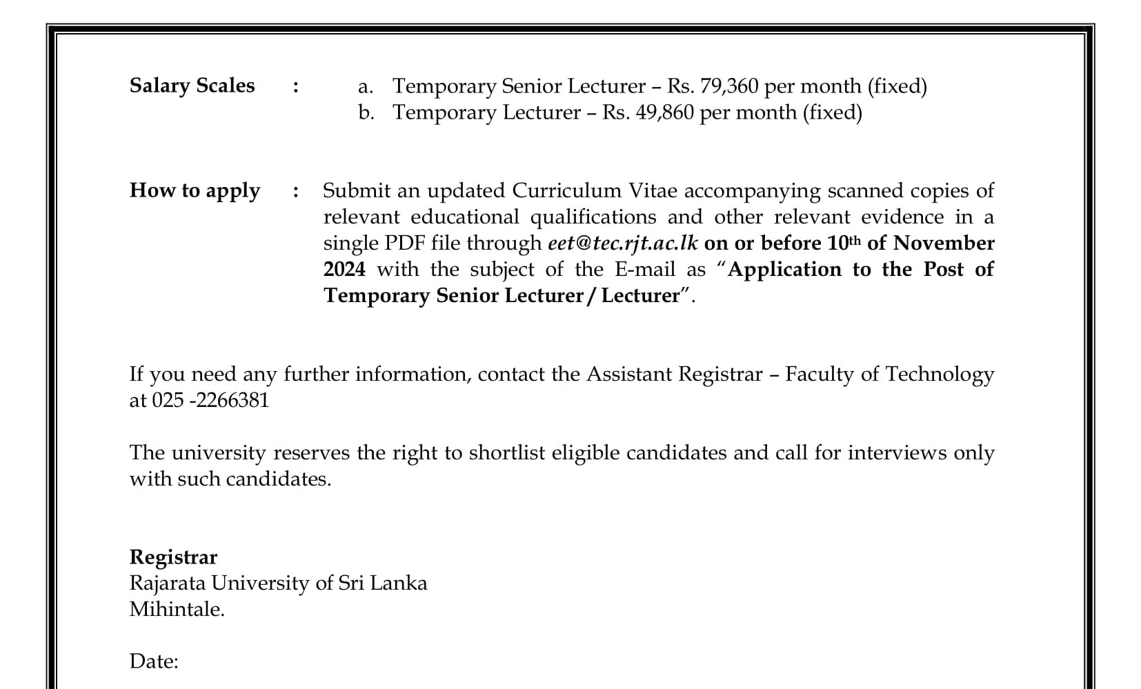 Temporary Senior Lecturer, Temporary Lecturer - Rajarata University of Sri Lanka Mihintale