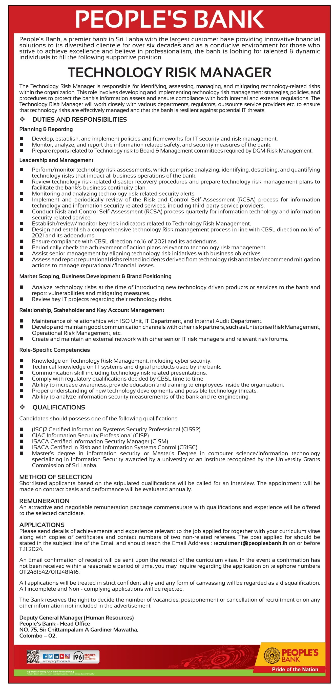 Technology Risk Manager, Technology Risk Analyst - People’s Bank