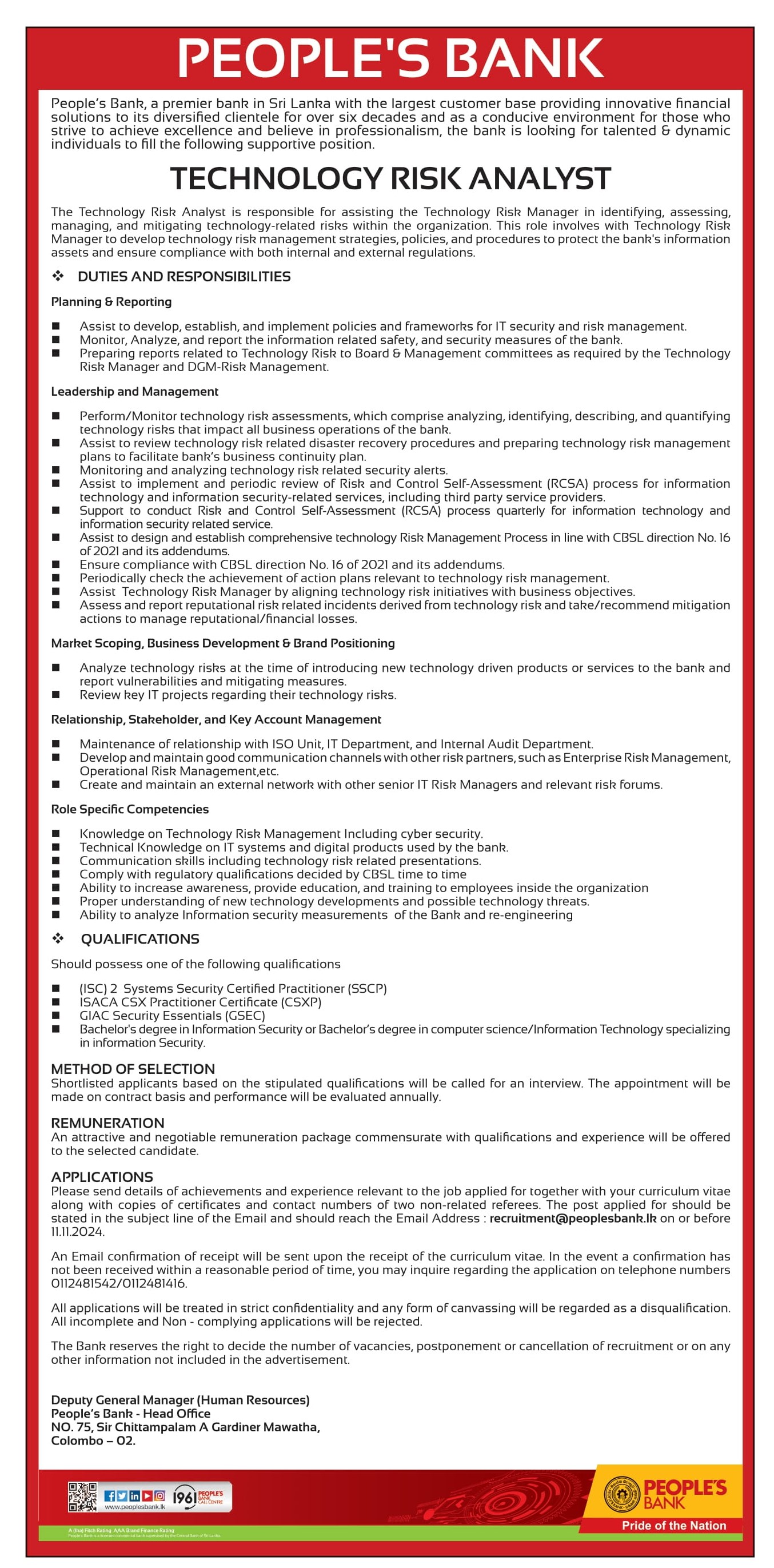 Technology Risk Manager, Technology Risk Analyst - People’s Bank