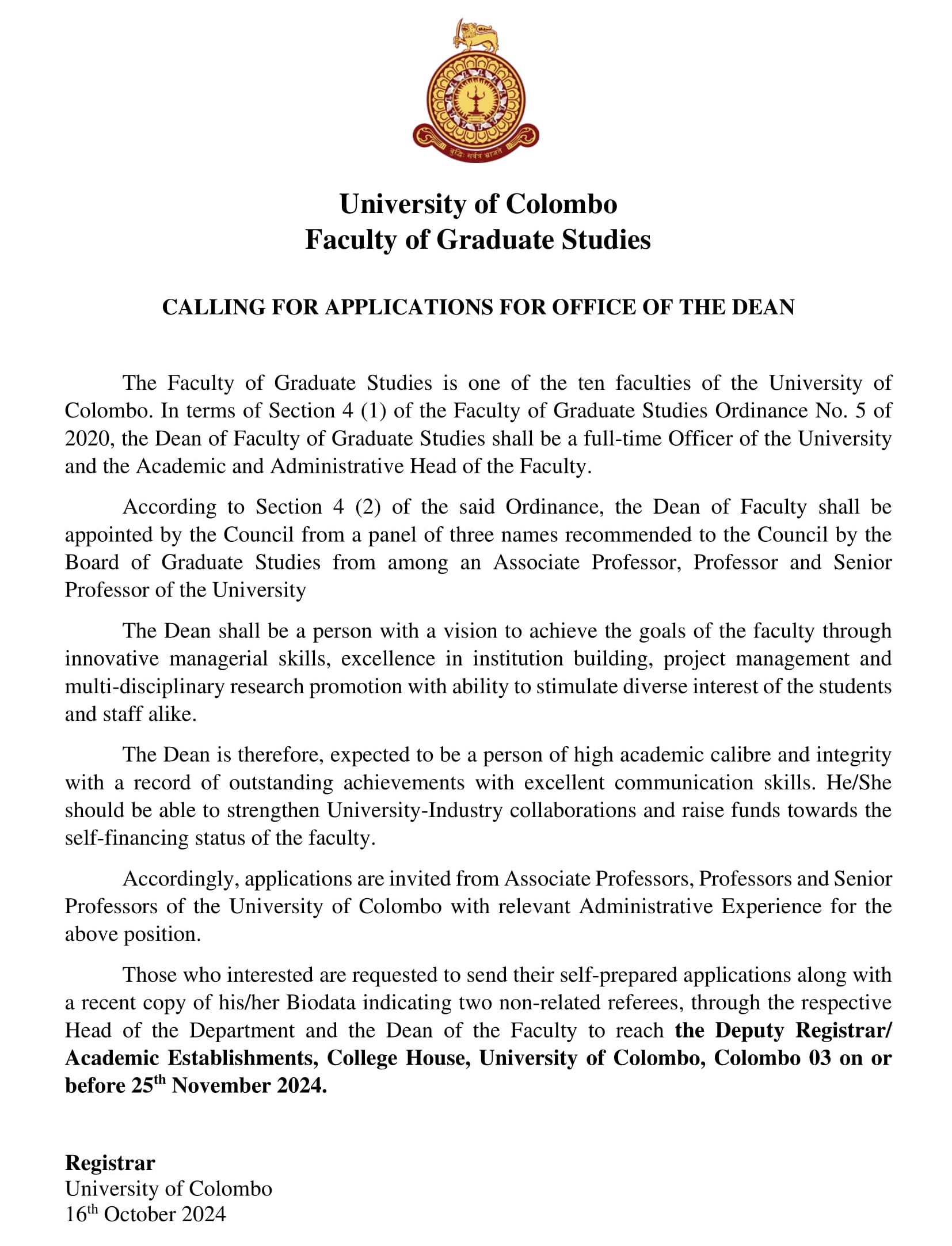 Dean - University of Colombo