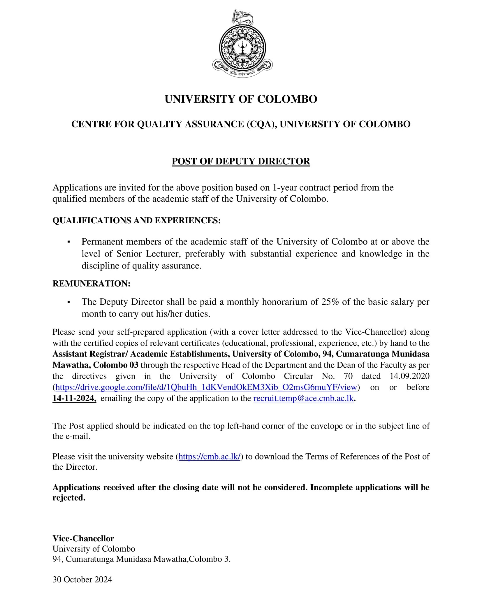 Deputy Director - University of Colombo