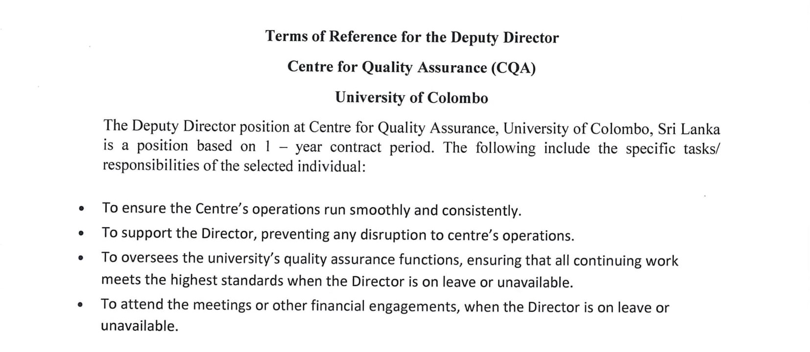 Deputy Director - University of Colombo