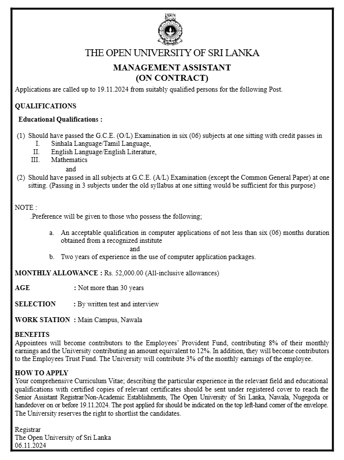 Management Assistant - The Open University of Sri Lanka