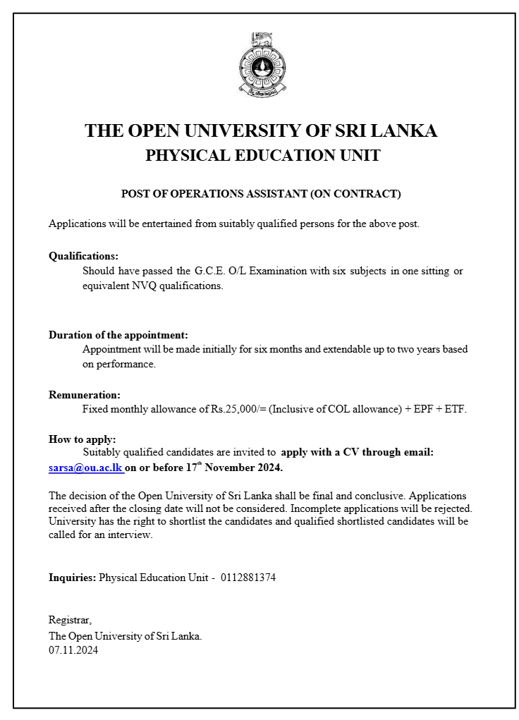 Operations Assistant - The Open University of Sri Lanka