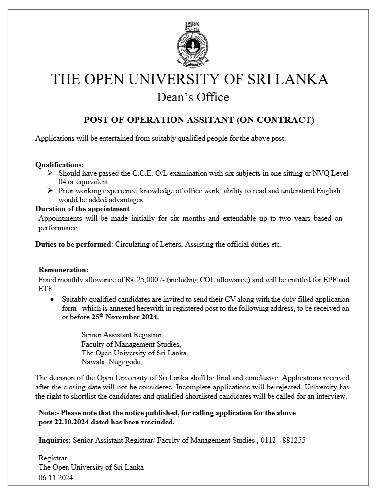 Operations Assistant - The Open University of Sri Lanka