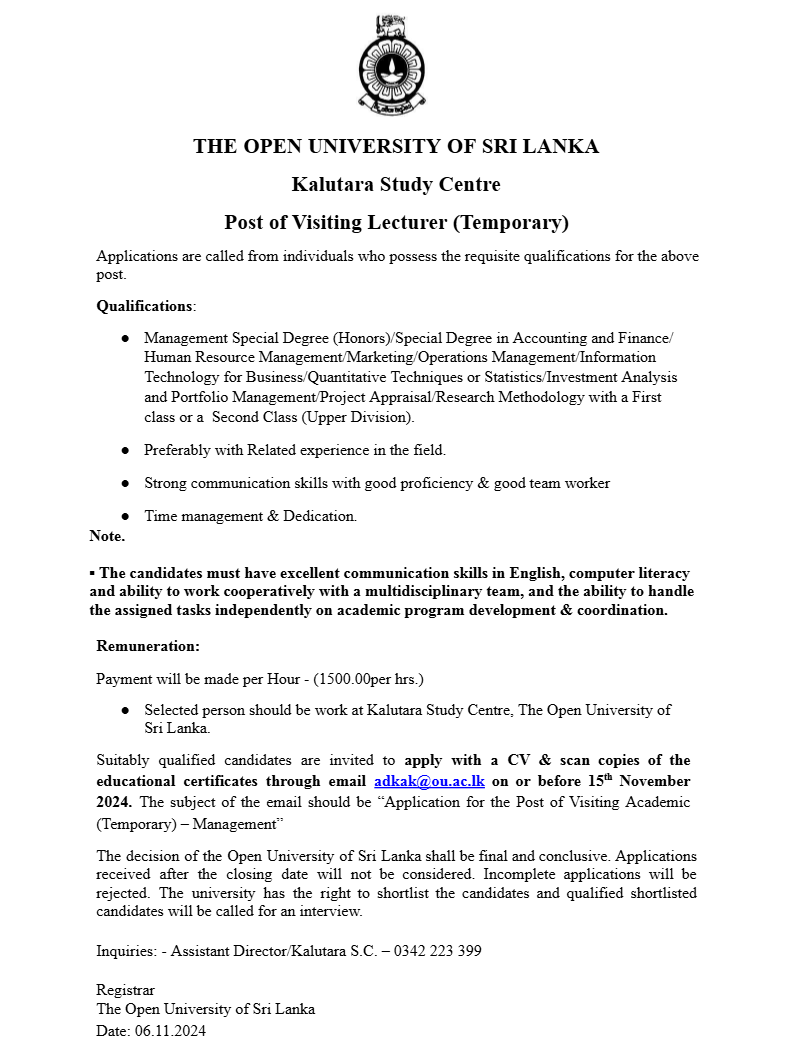 Visiting Lecturer - The Open University of Sri Lanka