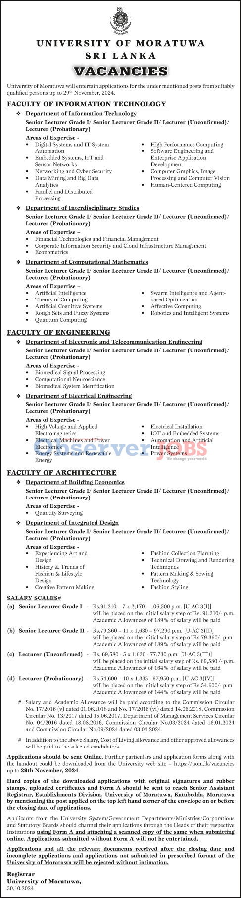 Senior Lecturer, Lecturer - University of Moratuwa