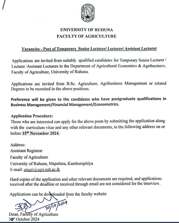 Temporary Senior Lecturer, Lecturer, Assistant Lecturer - University of Ruhuna