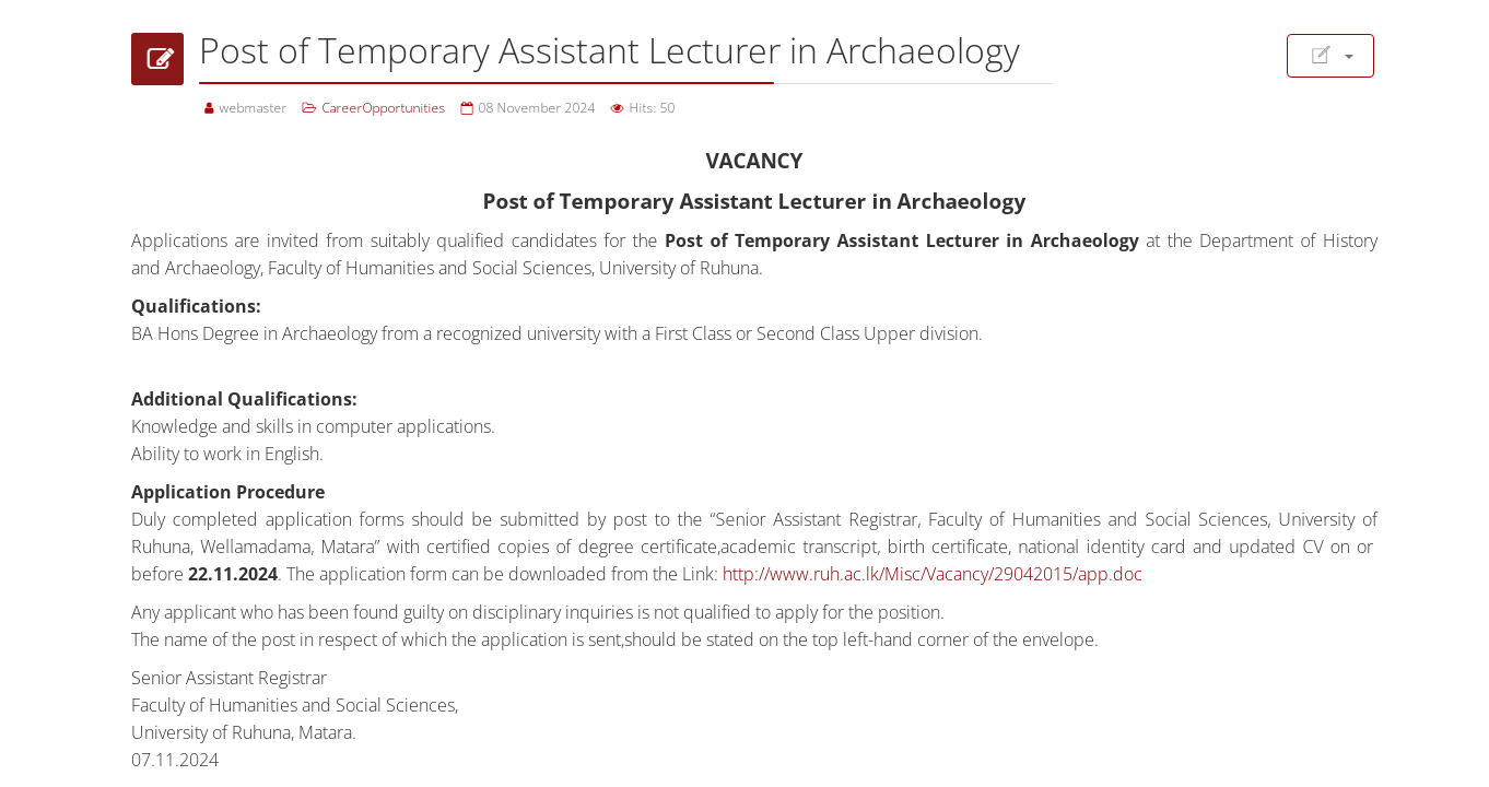 Temporary Assistant Lecturer - University of Ruhuna
