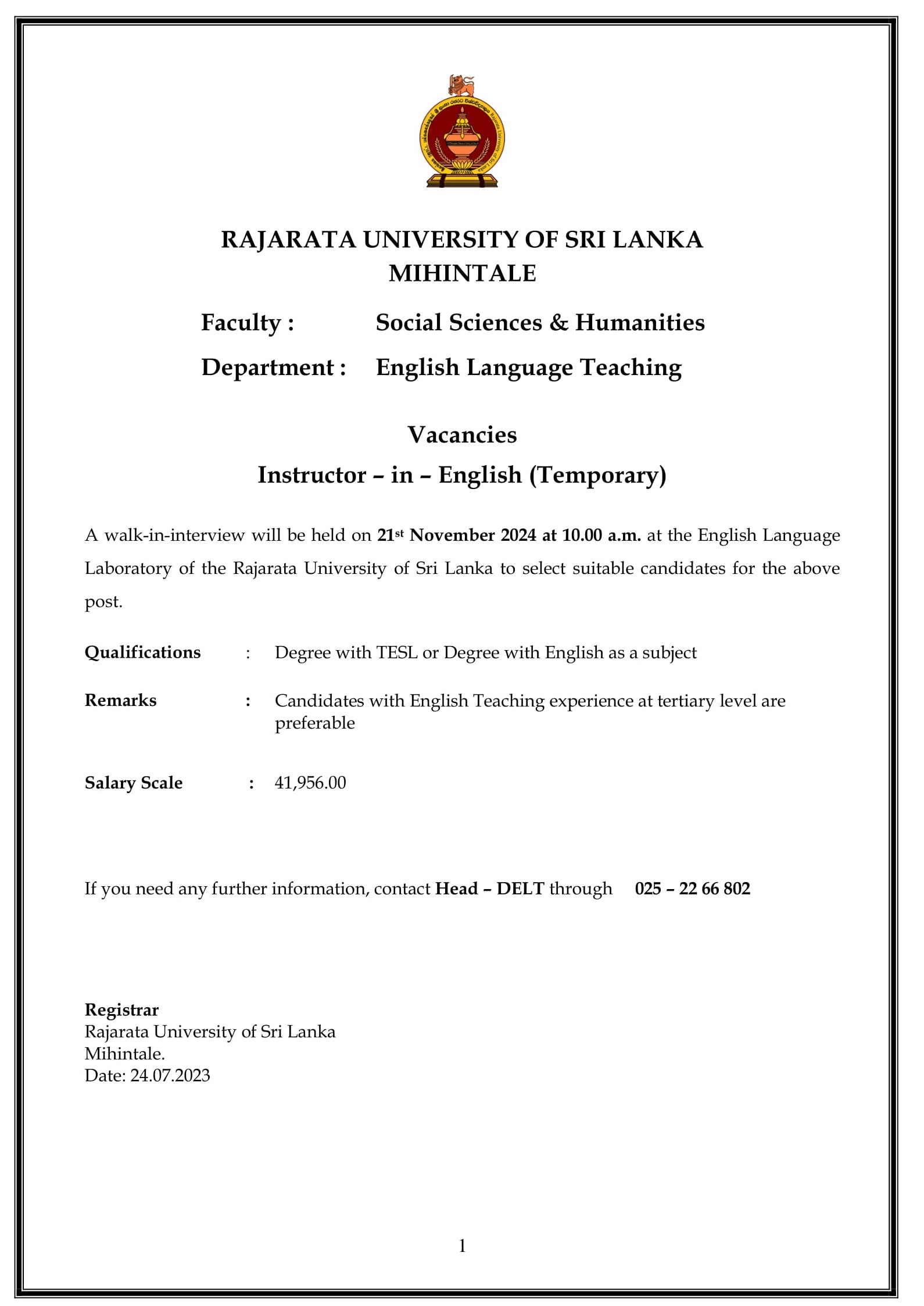 Instructor - Rajarata University of Sri Lanka