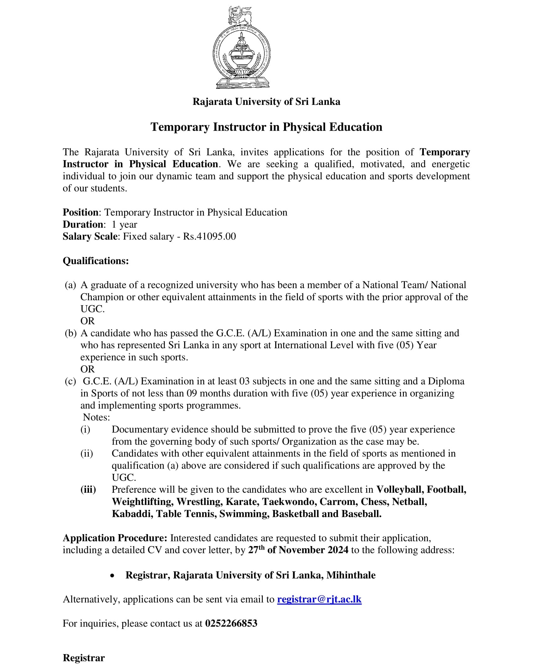 Temporary Instructor - Rajarata University of Sri Lanka